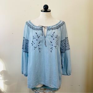 Embroidered Boho Peasant Blouse Hippie Folk Chambray Tencel L XL